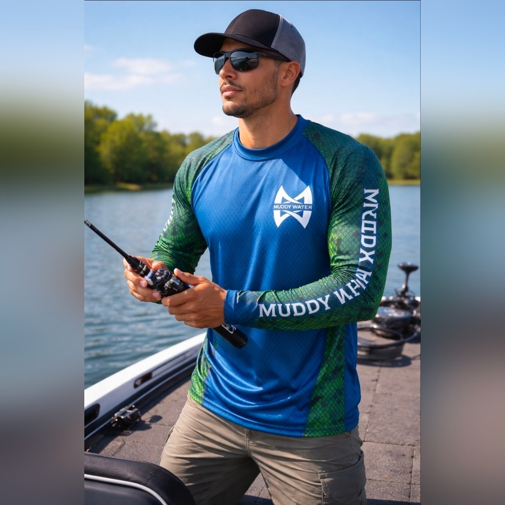 Muddy Water Fishing Performance Shirt Blue Green Long Sleeve UV Protection Angle